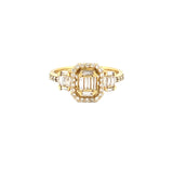 14K Gold Baguette Cluster Diamond Three Stone Halo Engagement Ring