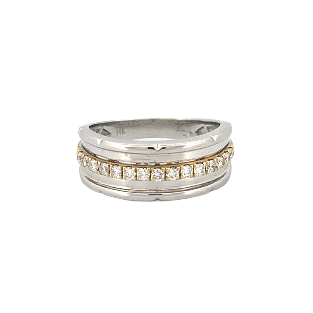 14K Two Tone Gold Notched Center Row Diamond Mens Band