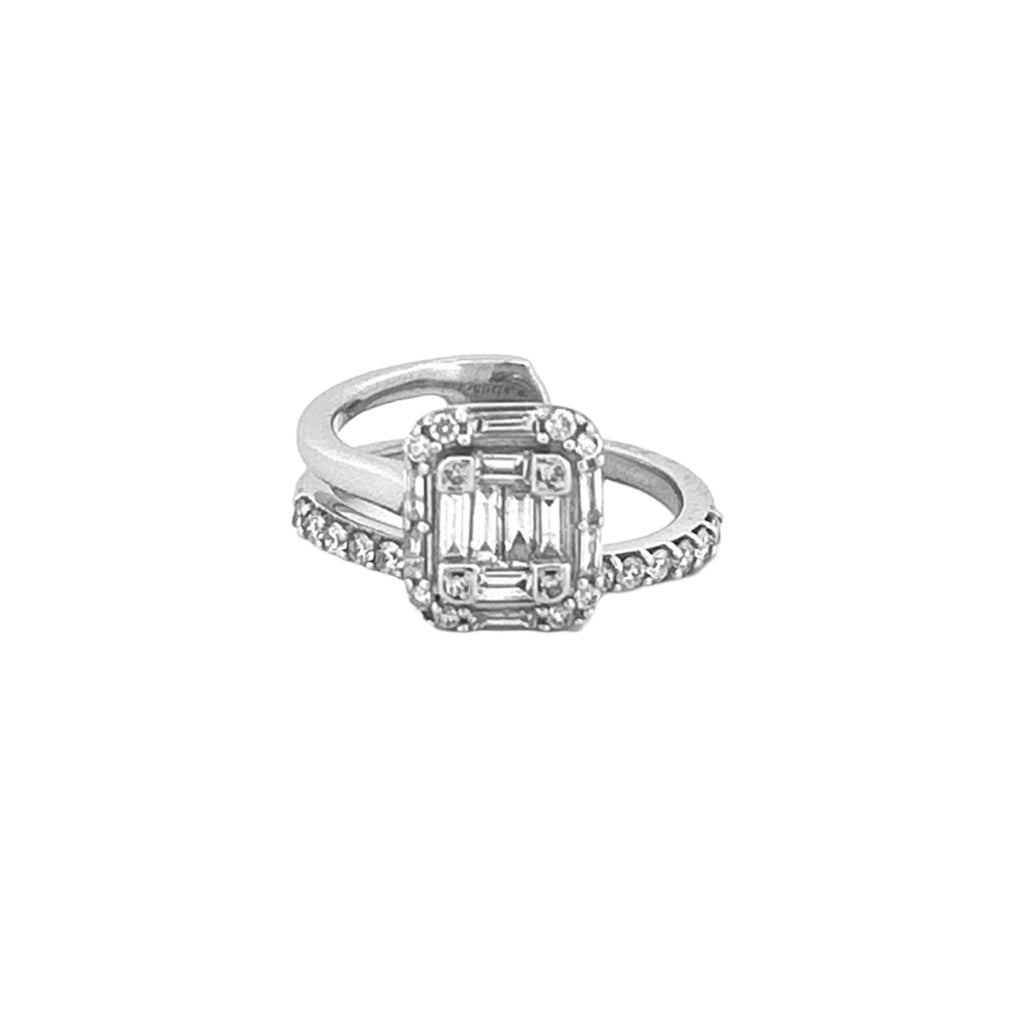 14K Gold Baguette Cluster Diamond Halo Two Layer Engagement Ring