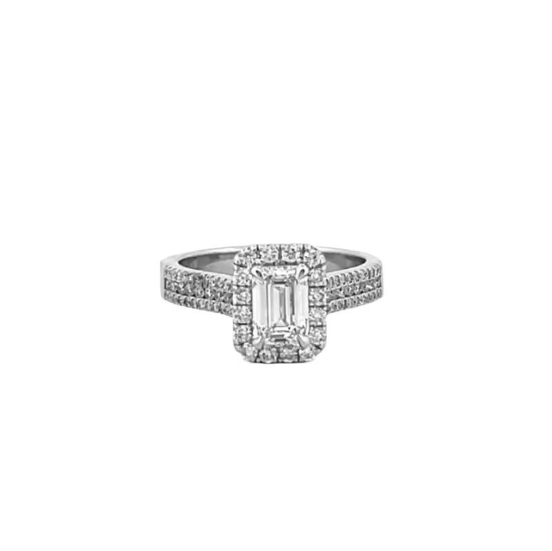 14K Gold 1.00 Carat Lab Grown Emerald Diamond Halo Three Row Engagement Ring