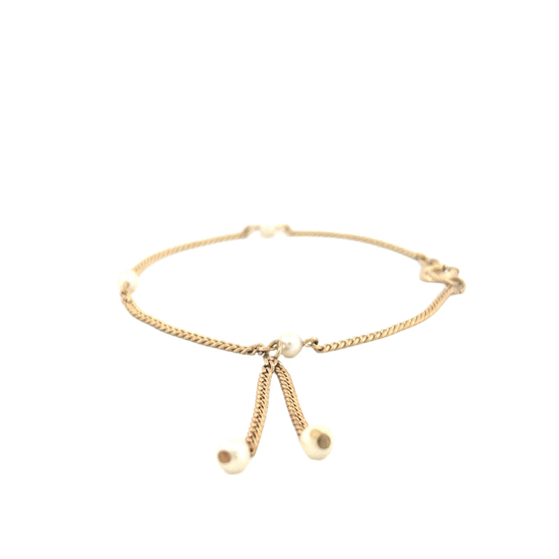 14K Yellow Gold Two Hanging Pearl Charms and Spaced Pearl Cuban Bracelet