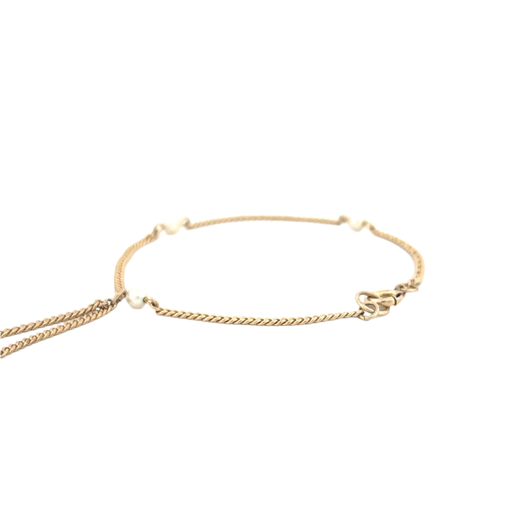 14K Yellow Gold Two Hanging Pearl Charms and Spaced Pearl Cuban Bracelet