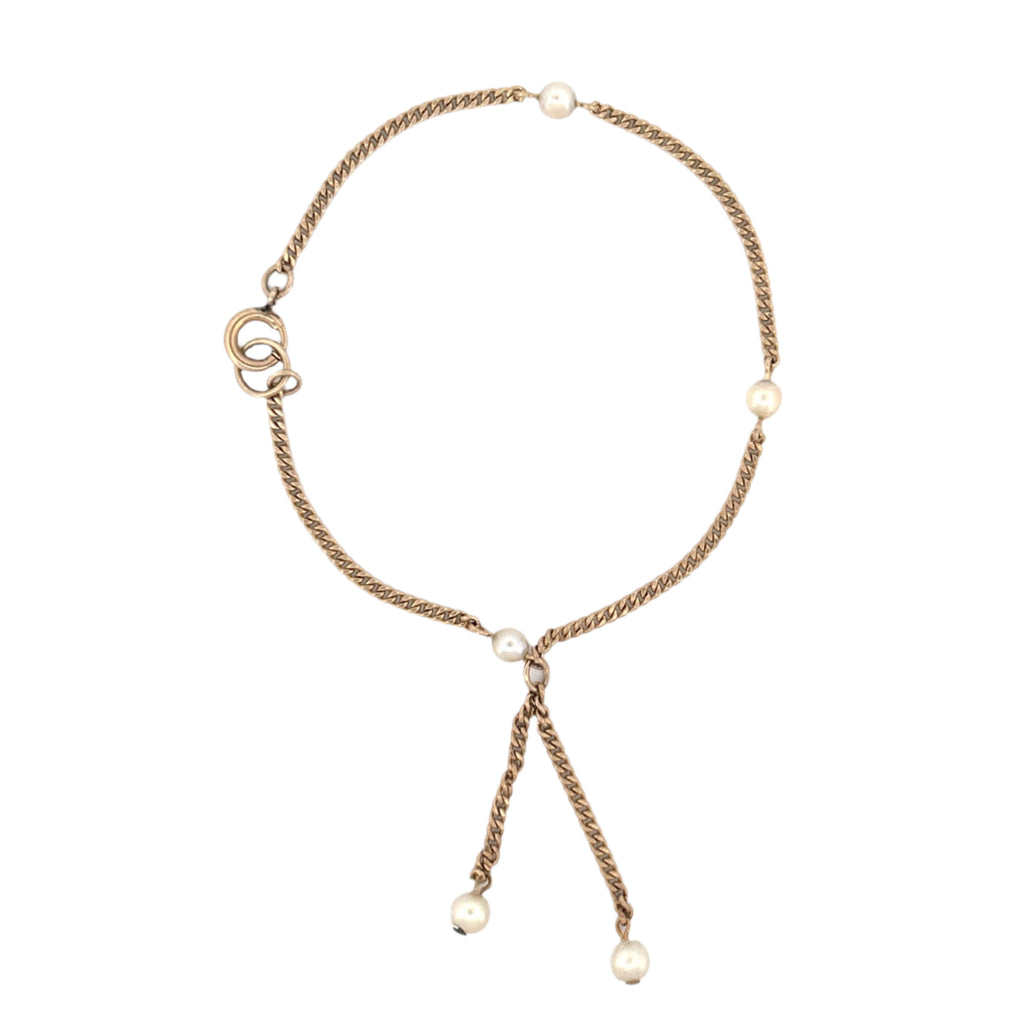 14K Yellow Gold Two Hanging Pearl Charms and Spaced Pearl Cuban Bracelet