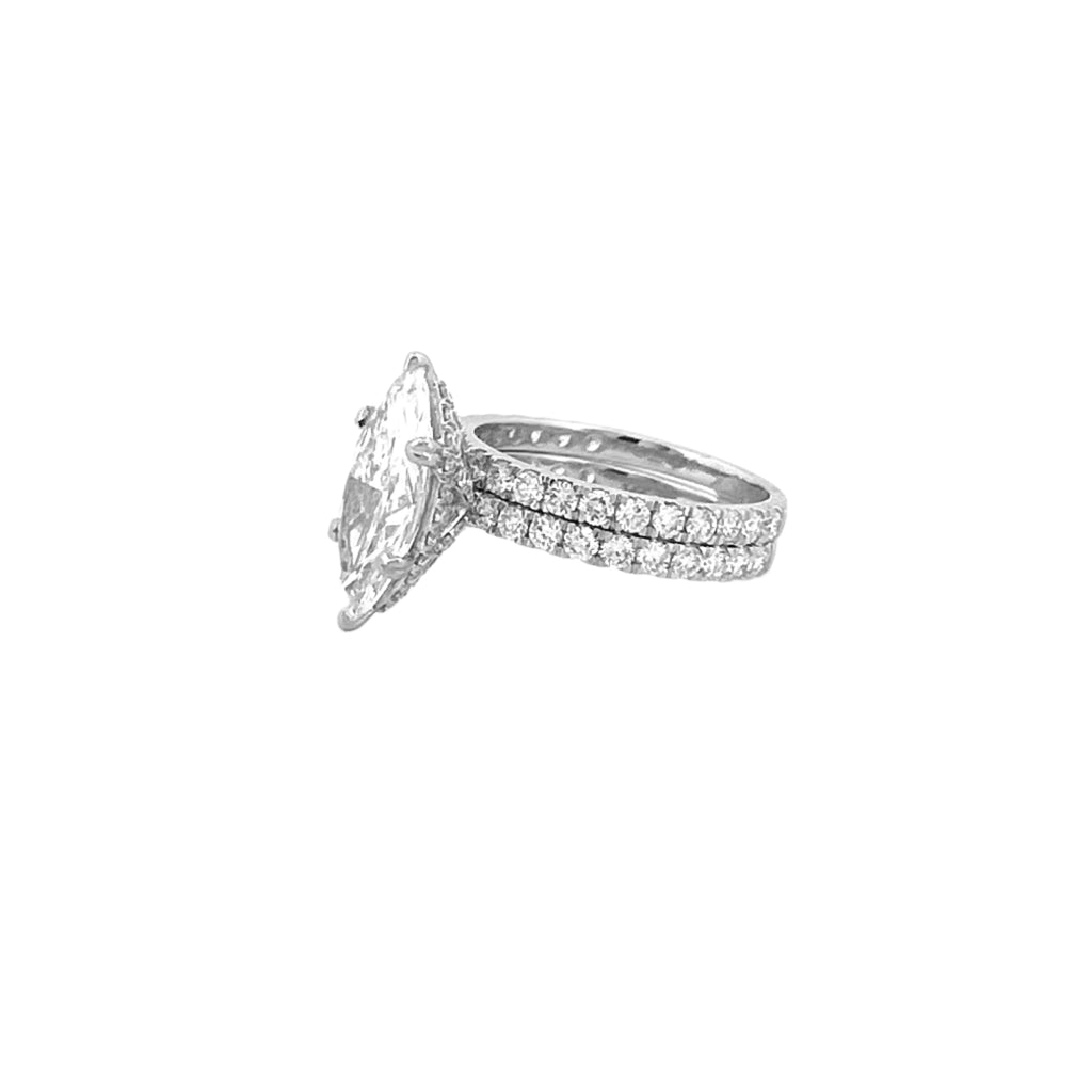 14K Gold 3.00 Carat Lab Grown Marquise Diamond Prong Set Engagement Set with Diamond Under Halo and Prongs