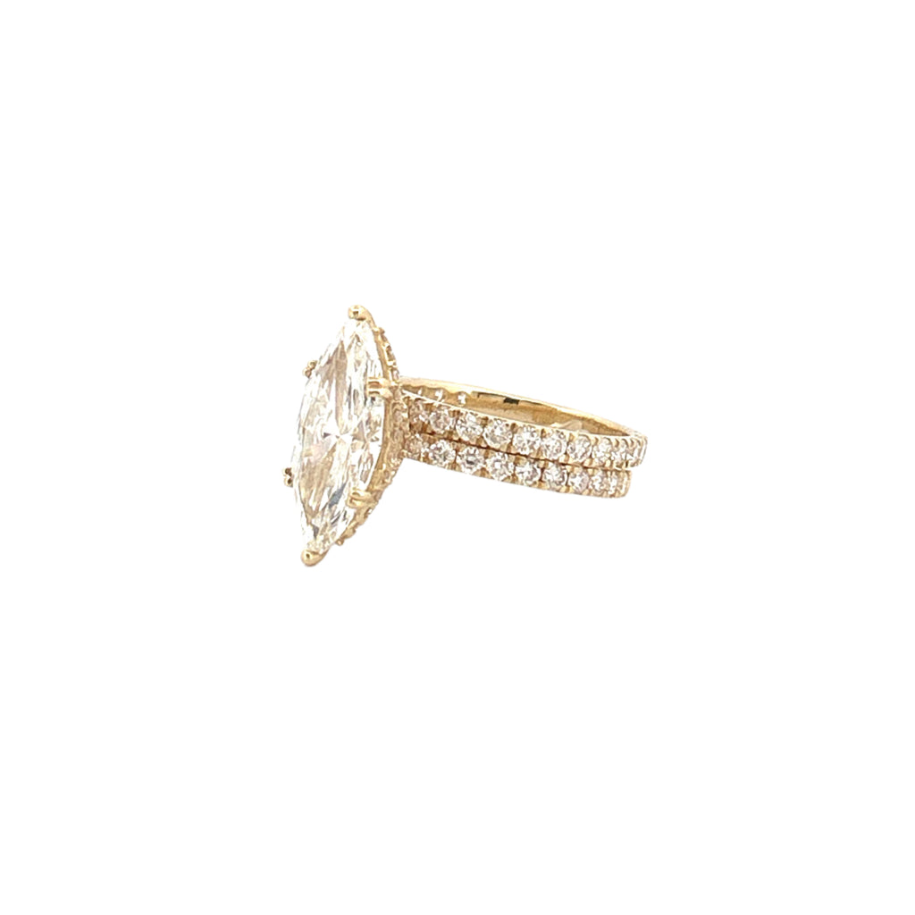 14K Gold 4.00 Carat Lab Grown Marquise Diamond Prong Set Engagement Set with Diamond Under Halo and Prongs