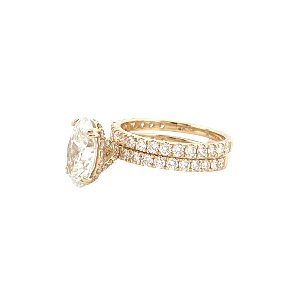 14K Gold 3.00 Carat Lab Grown Oval Diamond Prong Set Engagement Set with Diamond Under Halo and Prongs