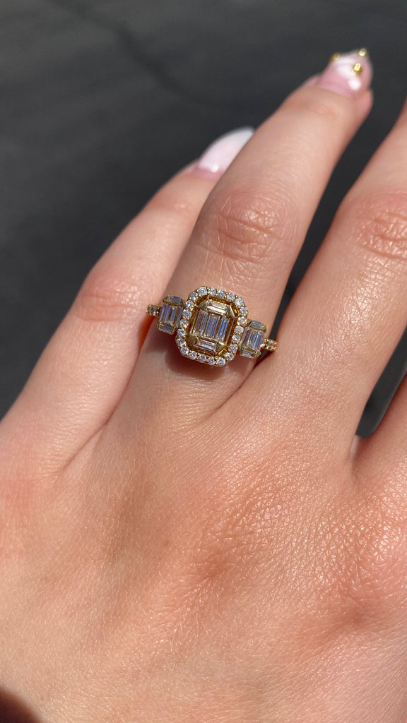 14K Gold Baguette Cluster Diamond Three Stone Halo Engagement Ring