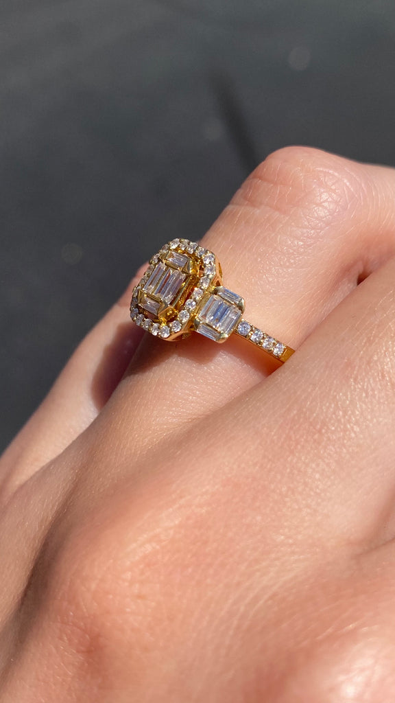 14K Gold Baguette Cluster Diamond Three Stone Halo Engagement Ring
