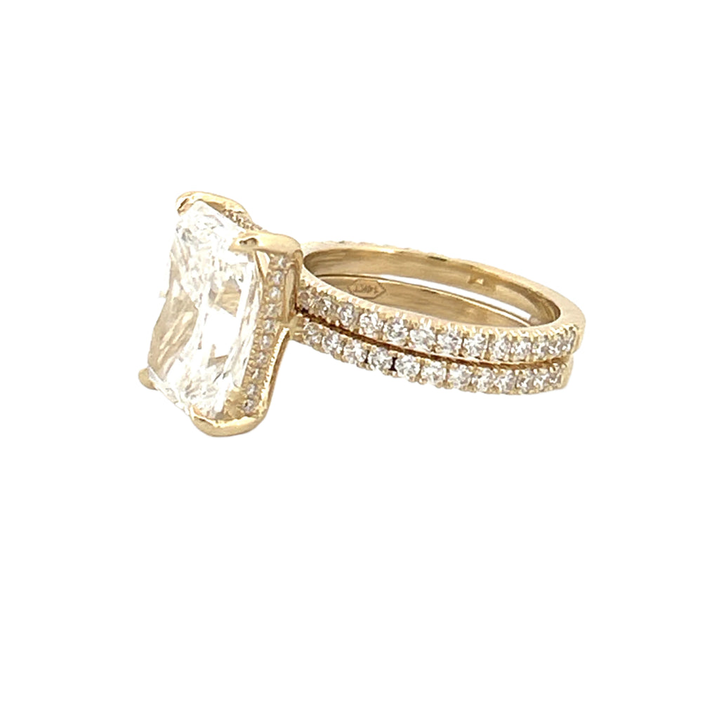 14K Gold 7.00 Carat Lab Grown Radiant Diamond Prong Set Under Halo Engagement Set