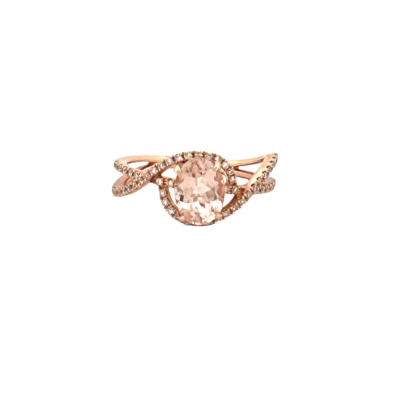 14K Gold Oval Morganite Split Curve Diamond Ring