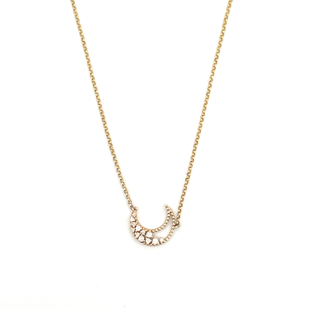 14K Gold Half Open Moon Diamond Pave Pendant Necklace