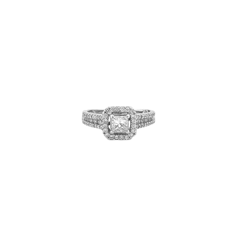 14K Gold Princess Natural Diamond Halo 3 Row Engagement Ring