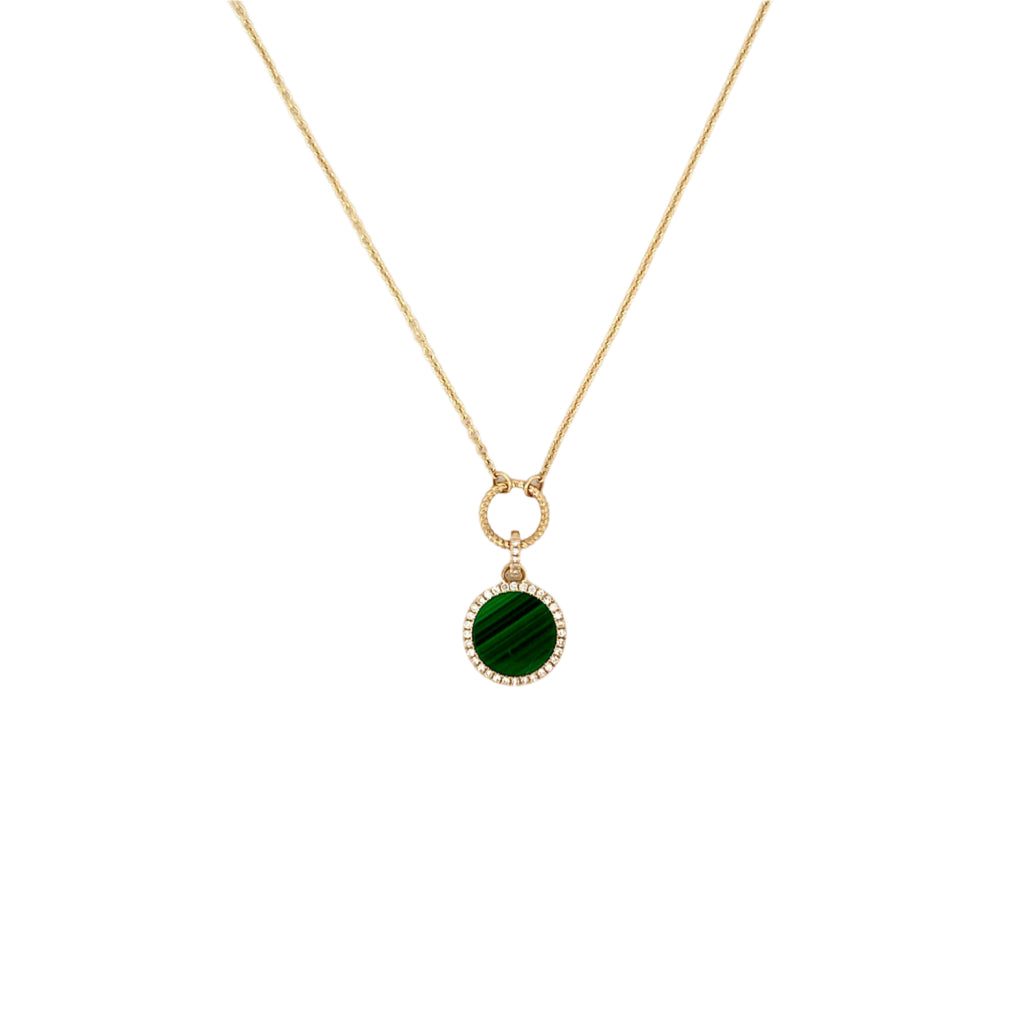 14K Gold Malachite Round Diamond Pendant Lariat Necklace