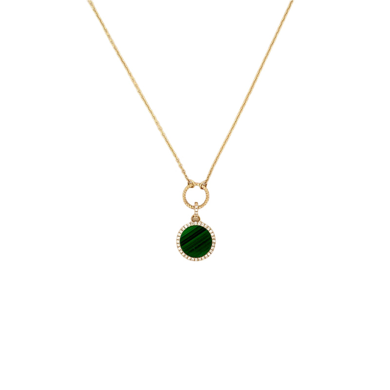 14K Gold Malachite Round Diamond Pendant Lariat Necklace