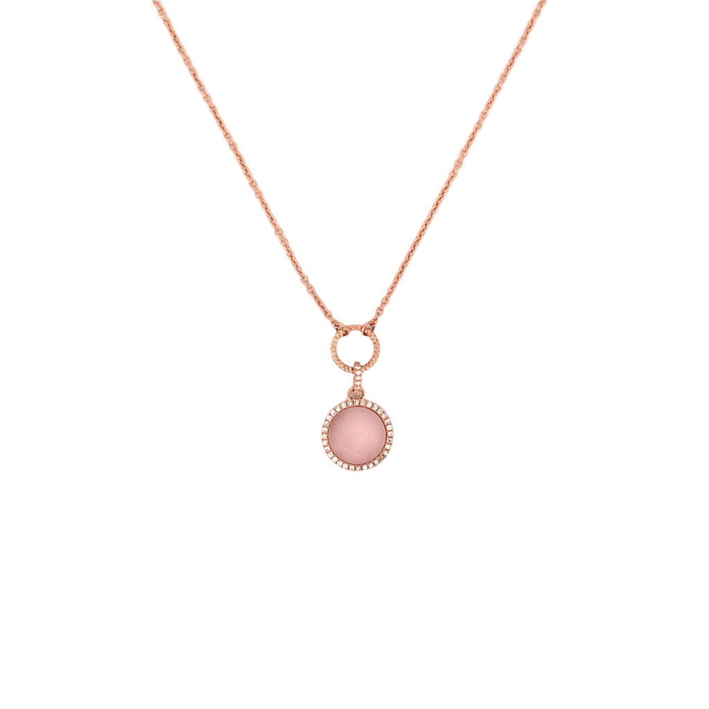 14K Gold Pink Mother of Pearl Round Diamond Pendant Lariat Necklace