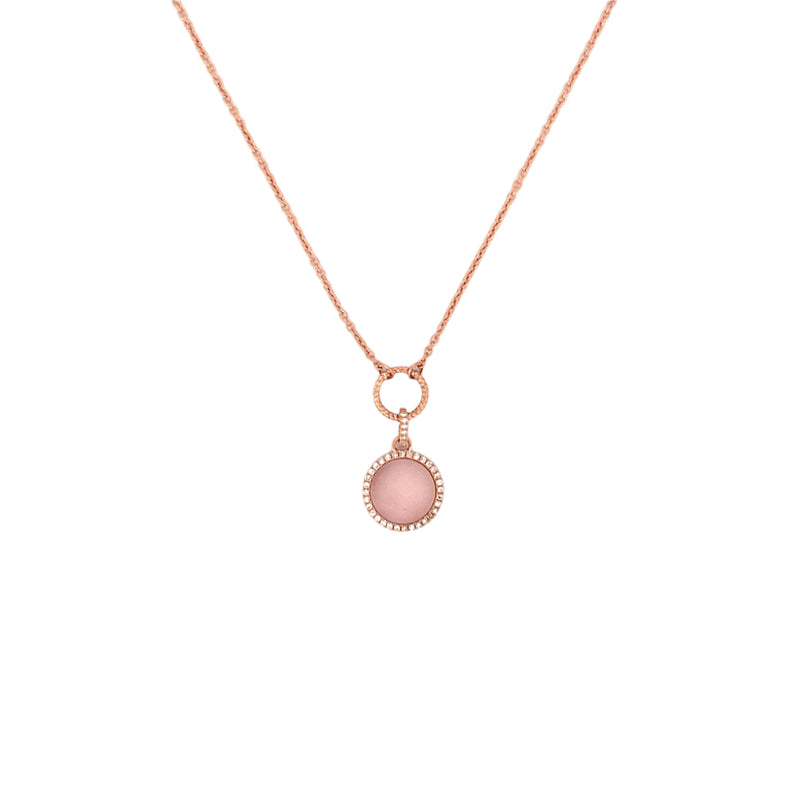 14K Gold Pink Mother of Pearl Round Diamond Pendant Lariat Necklace