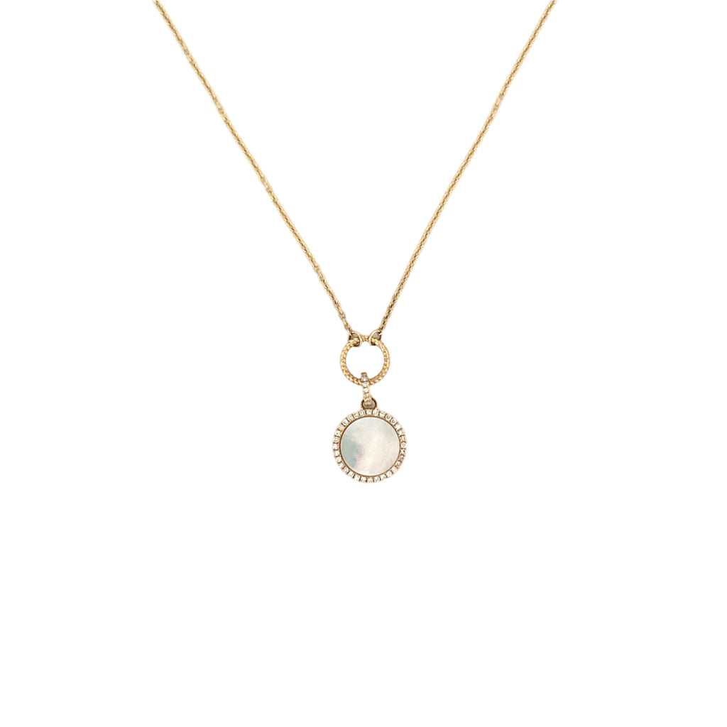 14K Gold Mother of Pearl Round Diamond Pendant Lariat Necklace