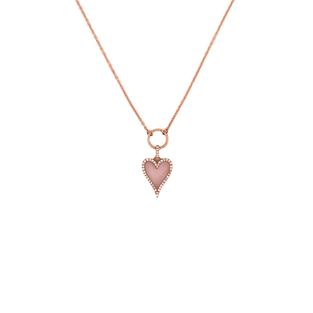 14K Gold Pink Mother of Pearl Heart Diamond Pendant Lariat Necklace