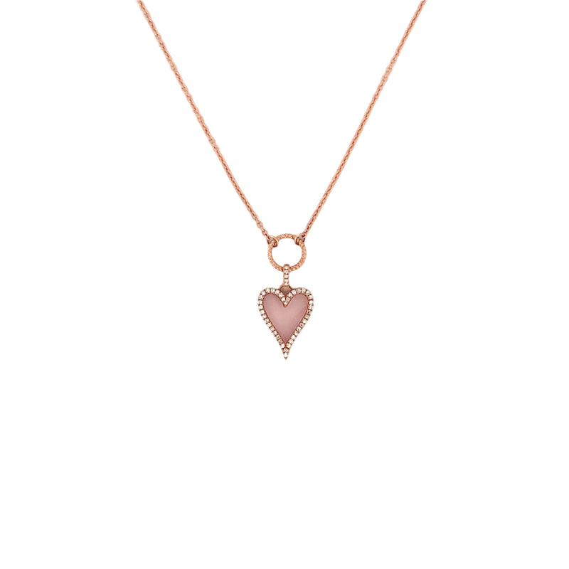 14K Gold Pink Mother of Pearl Heart Diamond Pendant Lariat Necklace