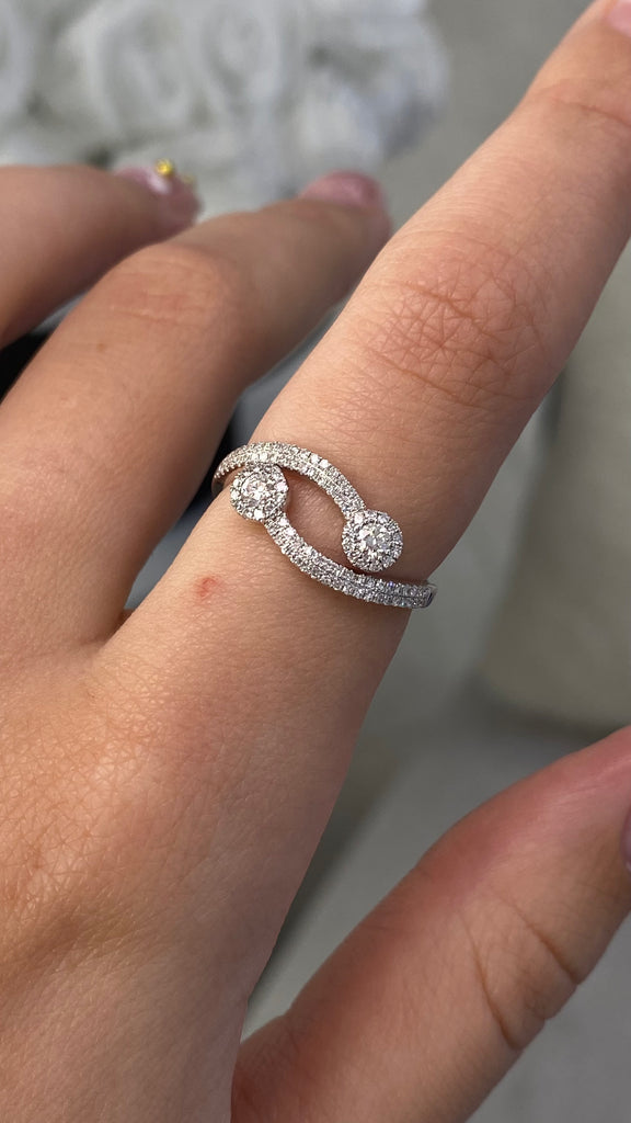 14K Gold Open Duo Round Halo Pave Band