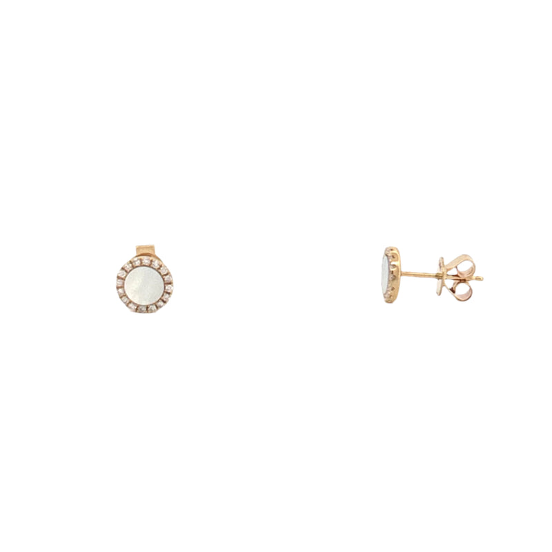 14K Gold Mother of Pearl Round Diamond Stud Earrings