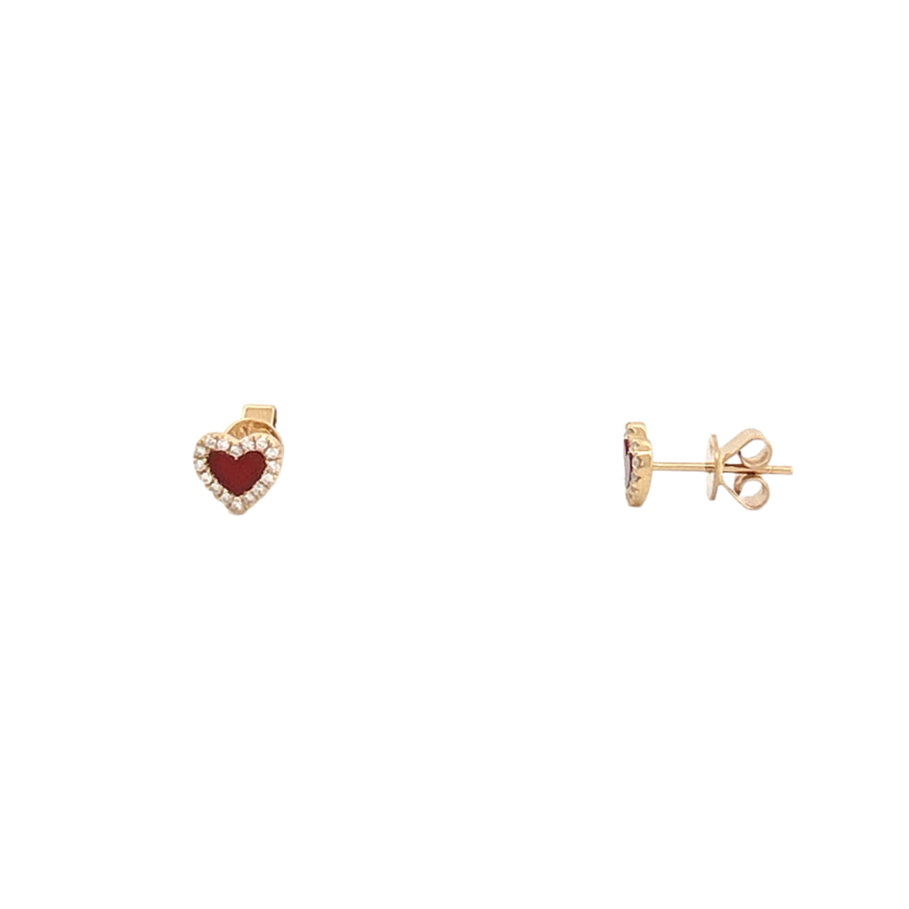 14K Gold Carnelian Heart Diamond Stud Earrings