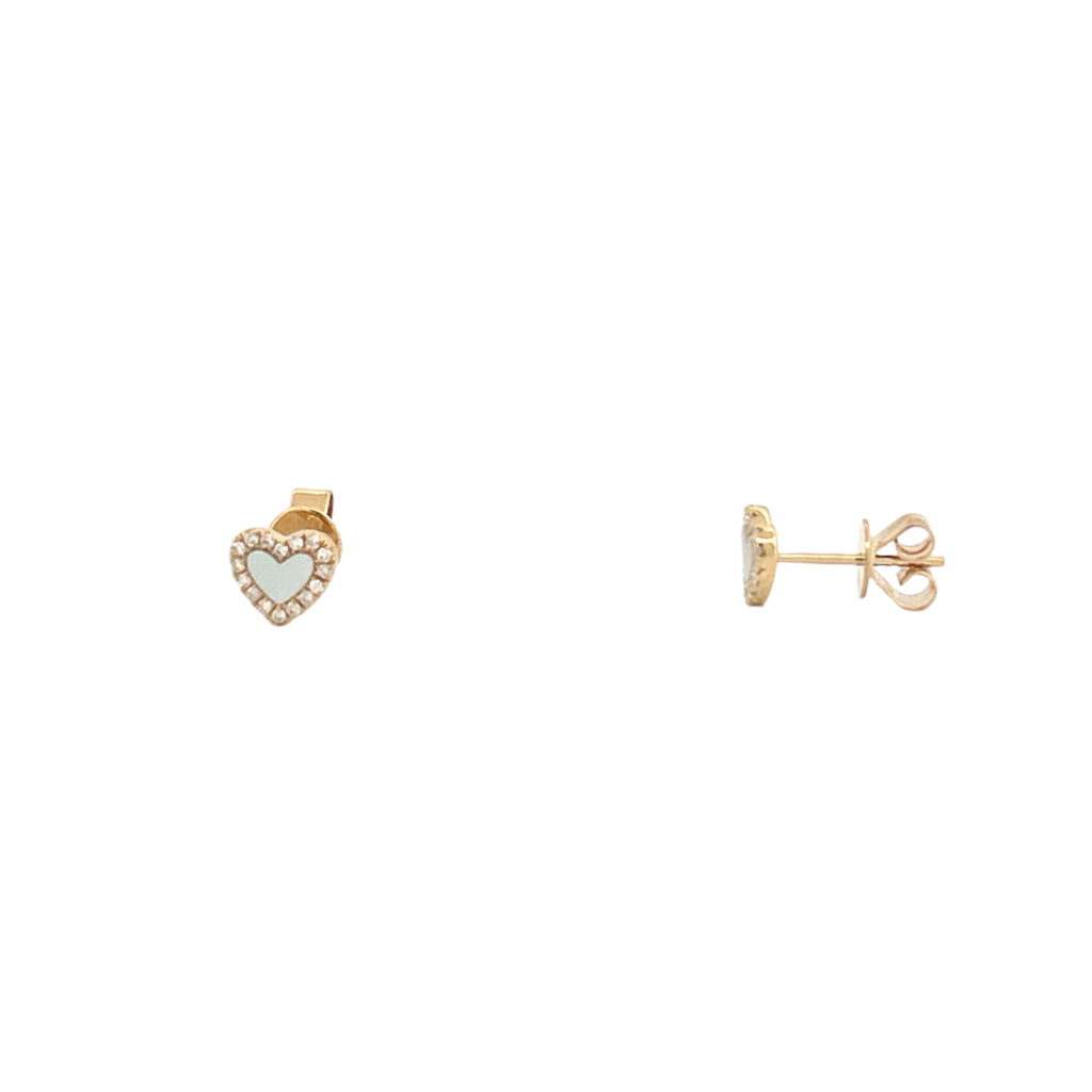 14K Gold Mother of Pearl Heart Diamond Stud Earrings