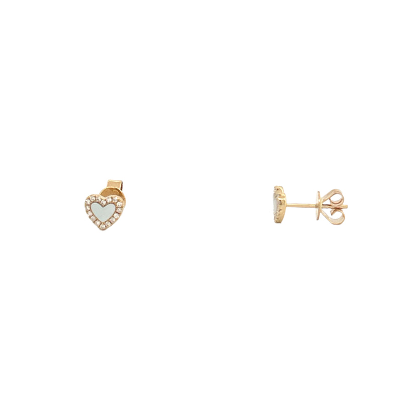 14K Gold Mother of Pearl Heart Diamond Stud Earrings