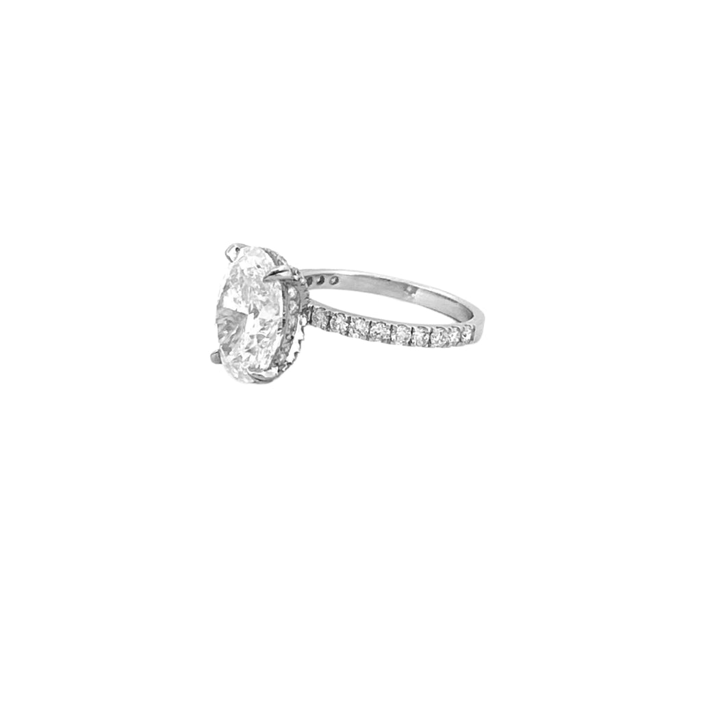 14K Gold 4.00 Carat Lab Grown Oval Diamond Prong Under Halo Engagement Ring