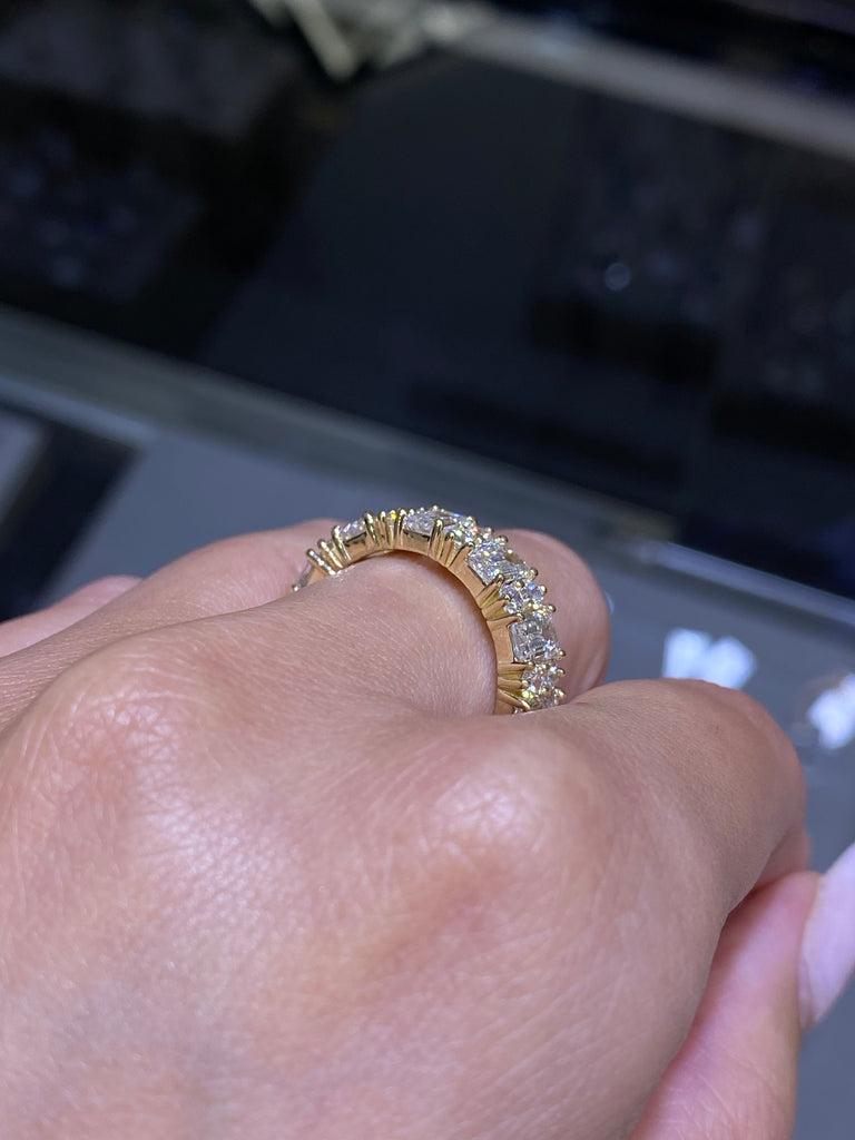 14K Gold Emerald and Round Cut Lab Grown Diamond Eternity Wedding Band