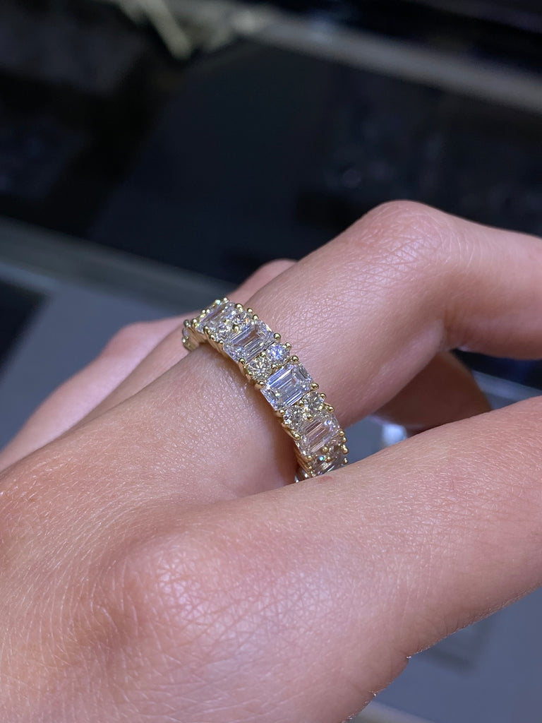 14K Gold Emerald and Round Cut Lab Grown Diamond Eternity Wedding Band