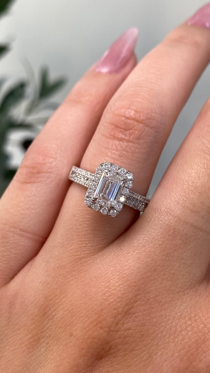 14K Gold 1.00 Carat Lab Grown Emerald Diamond Halo Three Row Engagement Ring