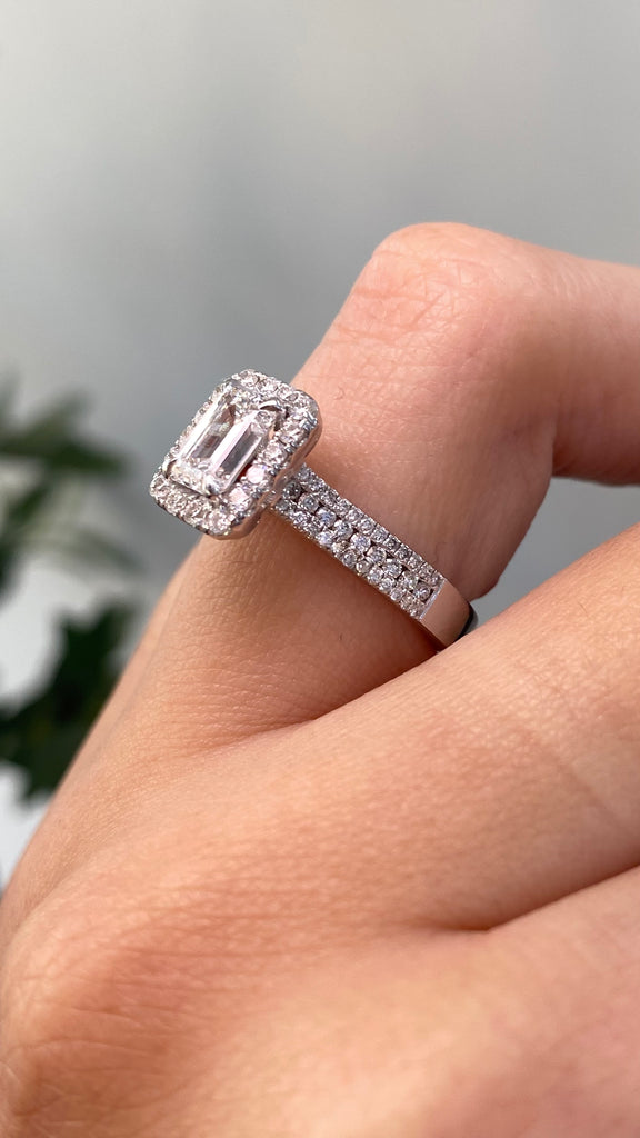 14K Gold 1.00 Carat Lab Grown Emerald Diamond Halo Three Row Engagement Ring