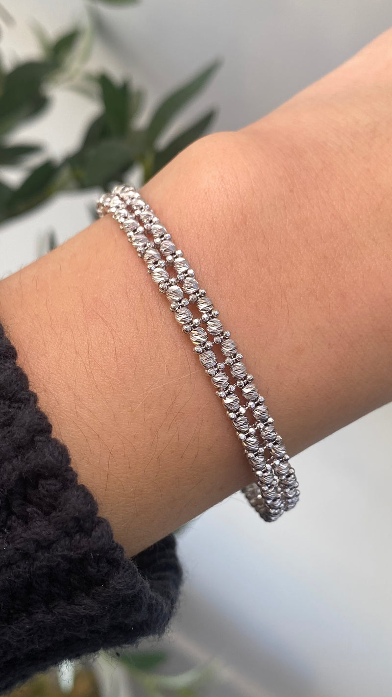 14K Gold Double Layer Diamond Cut Bead Link Bangle Bracelet