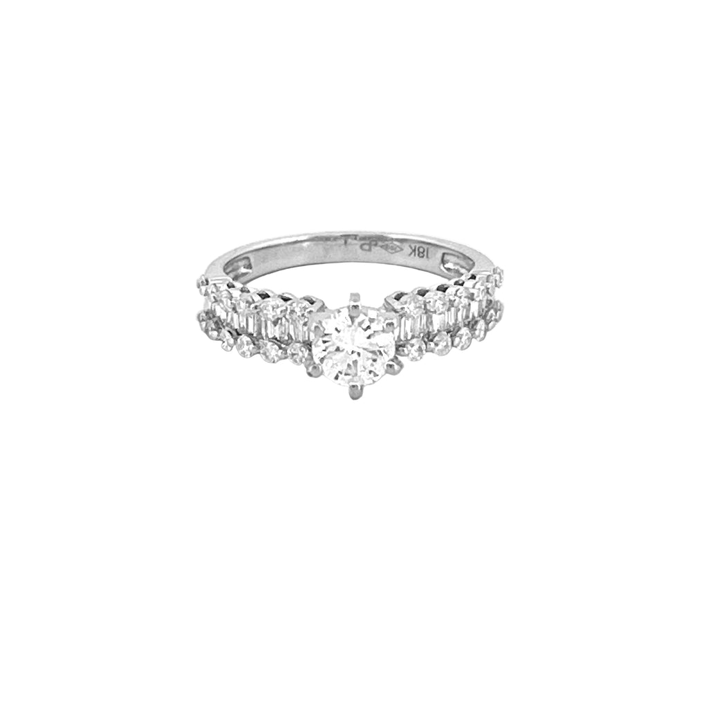 14K Gold Natural Round Diamond Baguette and Round Channel Engagement Ring