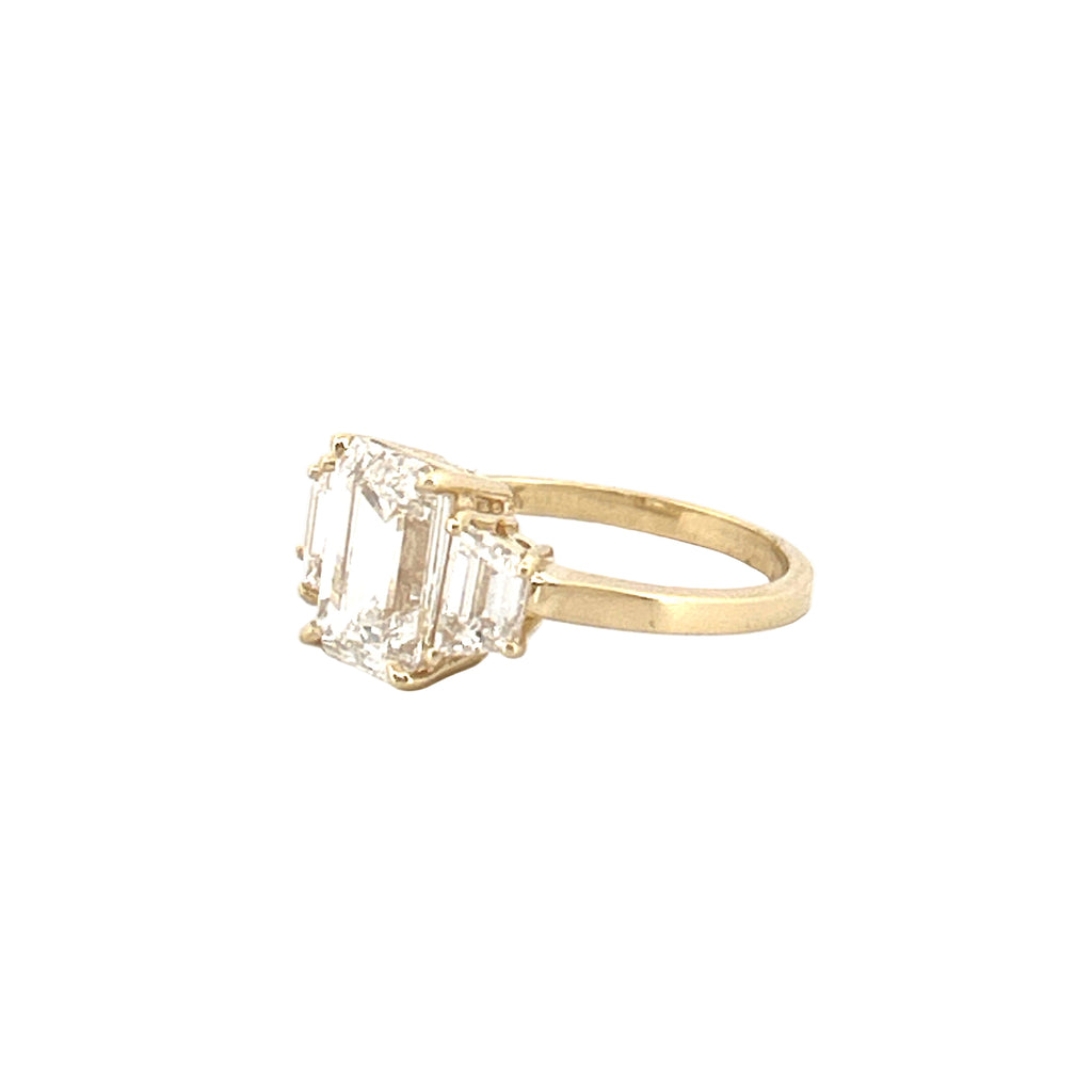 14K Gold Three Stone 3.00 Carat Lab Grown Emerald Engagement Ring
