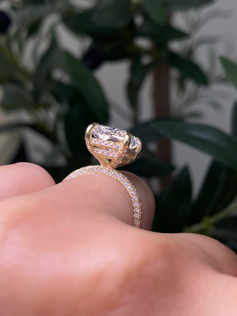 14K Gold 5.00 Carat Radiant Lab Grown Diamond Double Under Halo 3D Engagment Ring