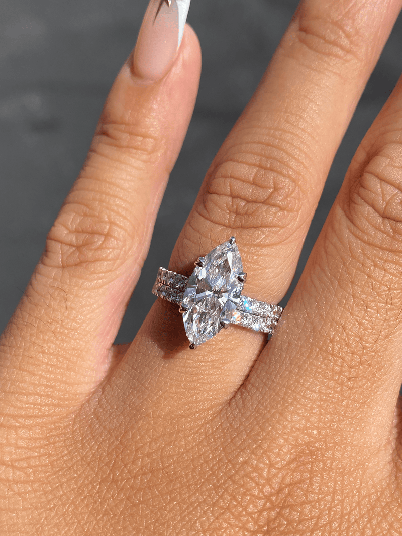 14K Gold 2.50 Carat Lab Grown Marquise Diamond Prong Set Engagement Set with Diamond Under Halo and Prongs