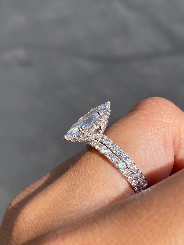 14K Gold 2.50 Carat Lab Grown Marquise Diamond Prong Set Engagement Set with Diamond Under Halo and Prongs