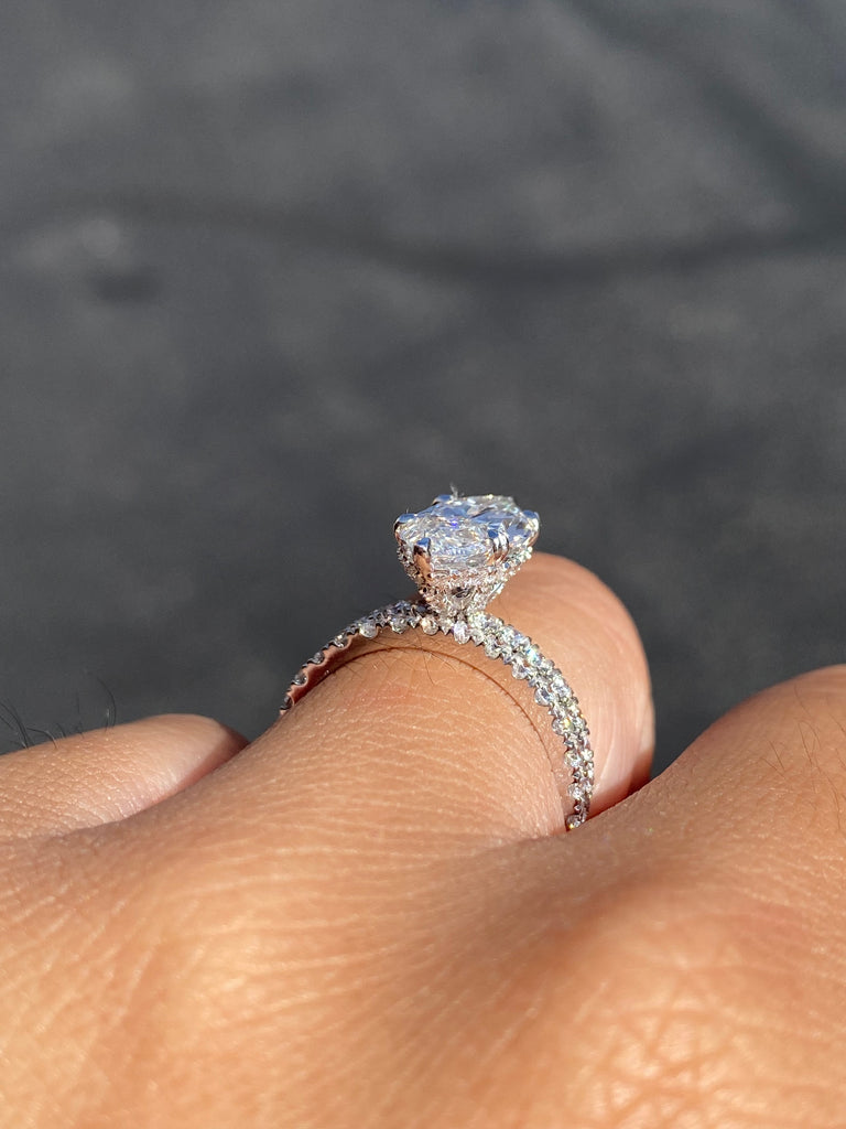 14K Gold 3.00 Carat Lab Grown Marquise Diamond Prong Set Engagement Set with Diamond Under Halo and Prongs