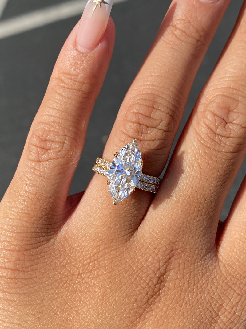14K Gold 4.00 Carat Lab Grown Marquise Diamond Prong Set Engagement Set with Diamond Under Halo and Prongs