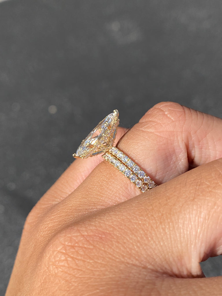 14K Gold 4.00 Carat Lab Grown Marquise Diamond Prong Set Engagement Ring with Diamond Under Halo and Prongs