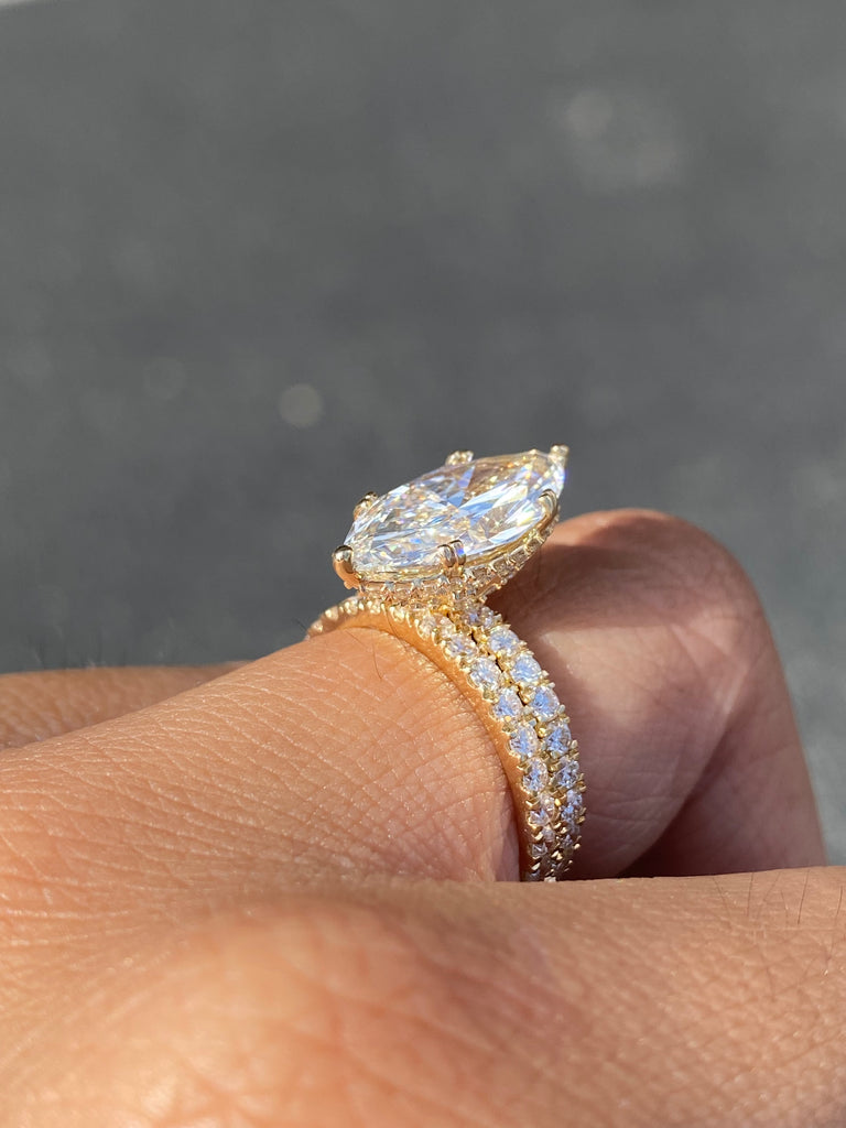 14K Gold 4.00 Carat Lab Grown Marquise Diamond Prong Set Engagement Ring with Diamond Under Halo and Prongs