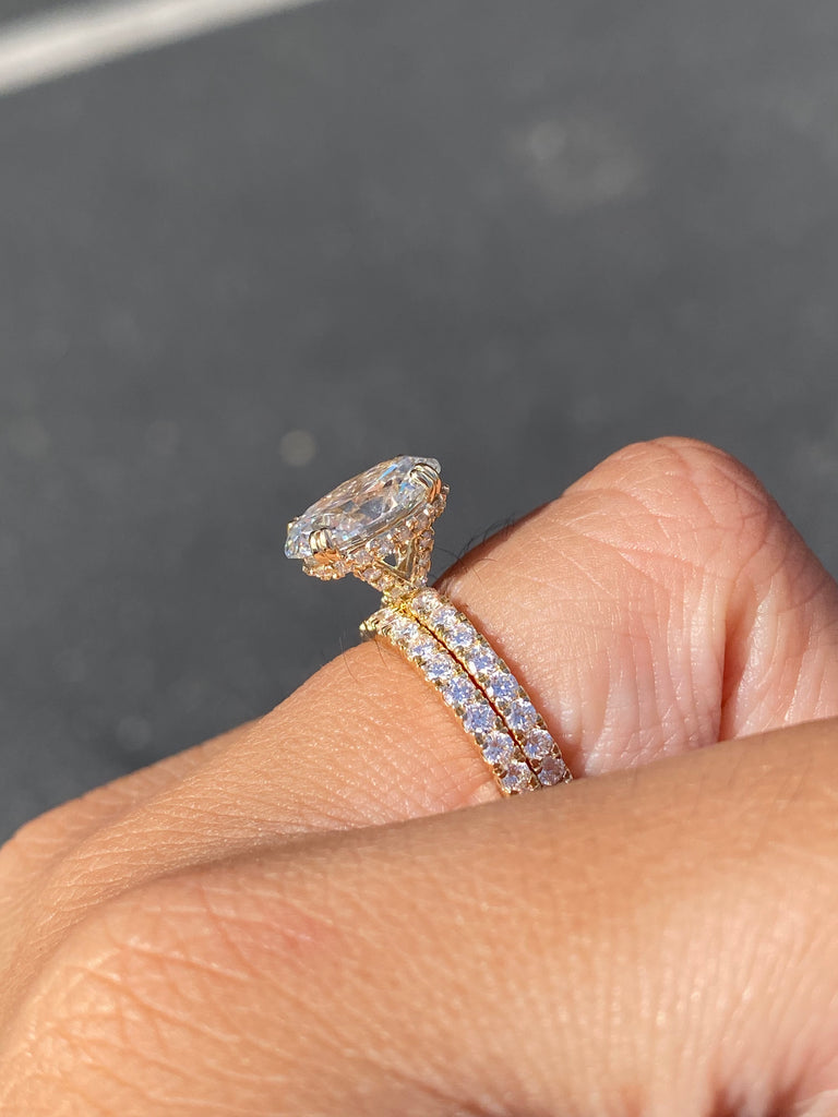 14K Gold 3.00 Carat Lab Grown Oval Diamond Prong Set Engagement Ring with Diamond Under Halo and Prongs