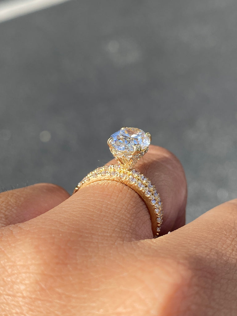 14K Gold 3.00 Carat Lab Grown Oval Diamond Prong Set Engagement Set with Diamond Under Halo and Prongs