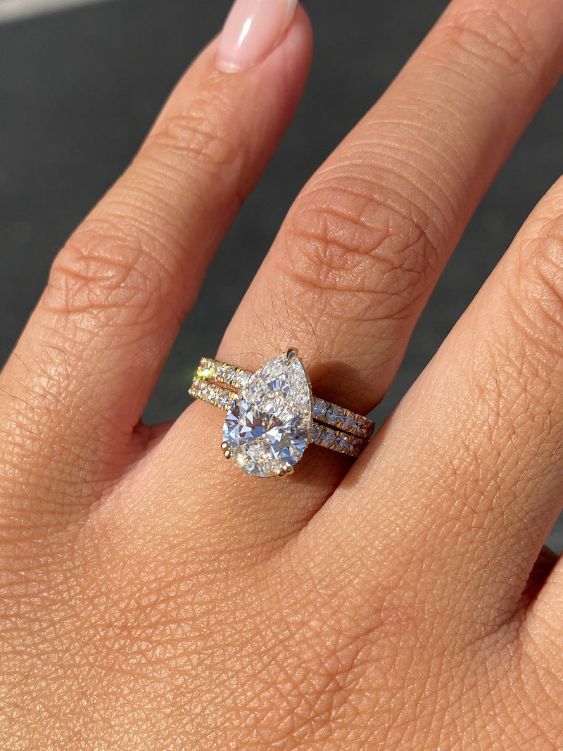 14K Gold 3.00 Carat Lab Grown Pear Diamond Prong Set Engagement Set with Diamond Under Halo and Prongs