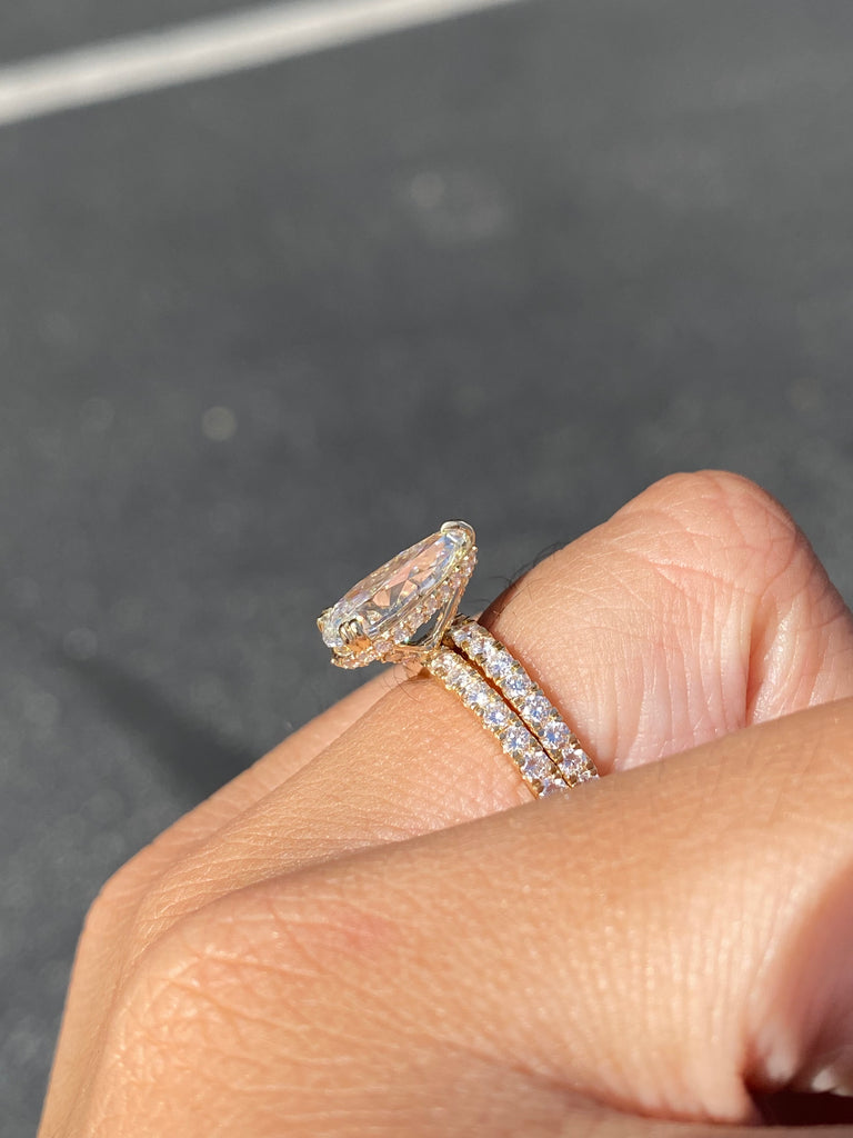 14K Gold 3.00 Carat Lab Grown Pear Diamond Prong Set Engagement Set with Diamond Under Halo and Prongs