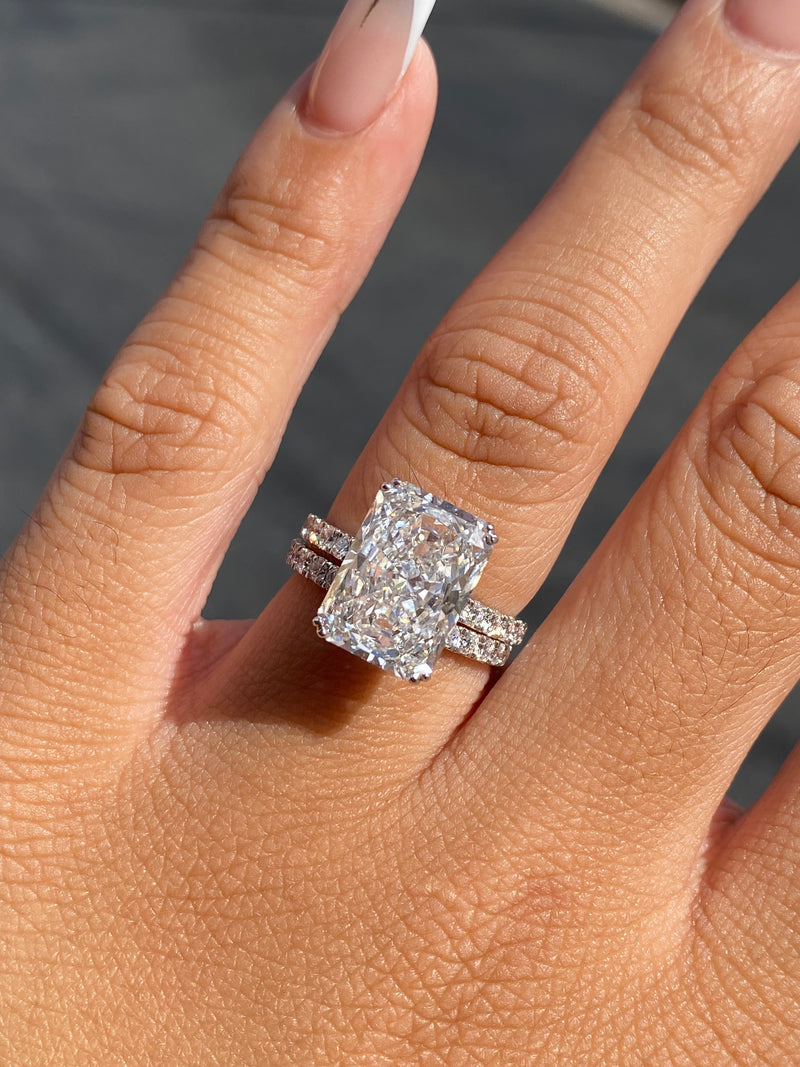 14K Gold 6.50 Carat Lab Grown Radiant Diamond Prong Set Engagement Set with Diamond Under Halo and Prongs