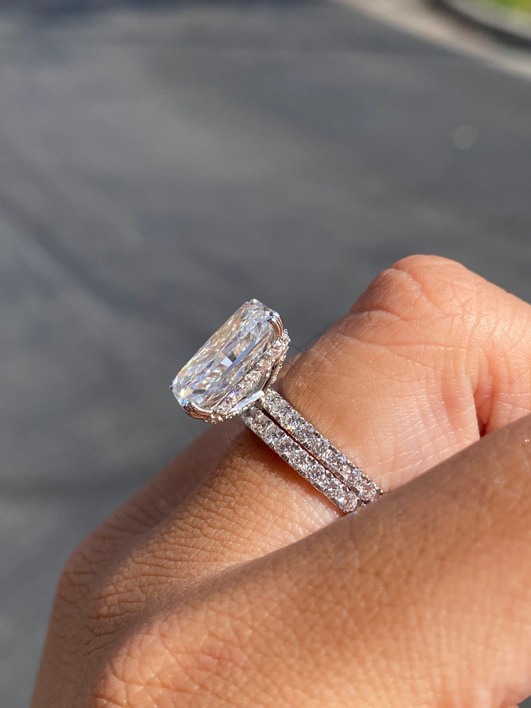 14K Gold 6.50 Carat Lab Grown Radiant Diamond Prong Set Engagement Ring with Diamond Under Halo and Prongs