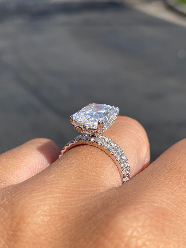 14K Gold 6.50 Carat Lab Grown Radiant Diamond Prong Set Engagement Ring with Diamond Under Halo and Prongs